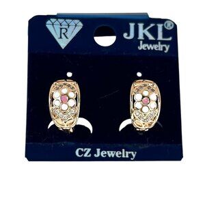 Gold Hoop Earrings with Pink & White Enamel Elegant Filigree Vintage Design